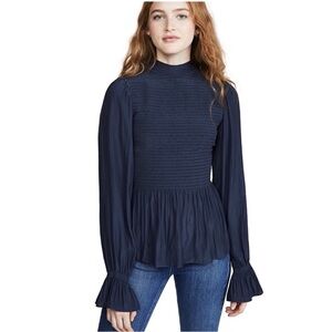 Ramy Brook Justine Smocked Long Sleeve Top in Navy Blue Sz M